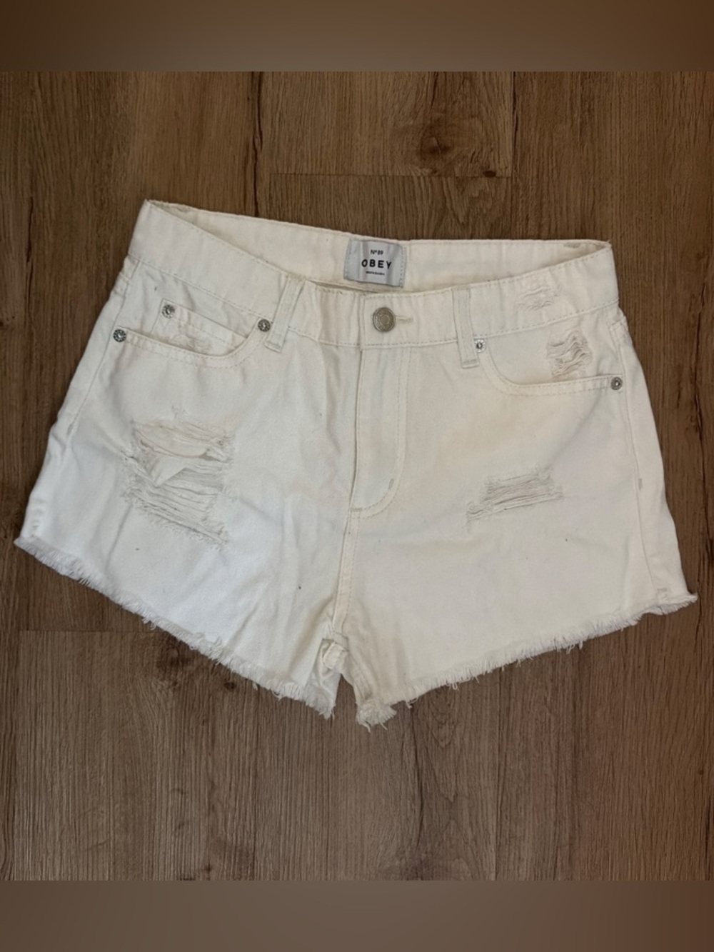 Obey White Distressed Cutoff Denim Shorts